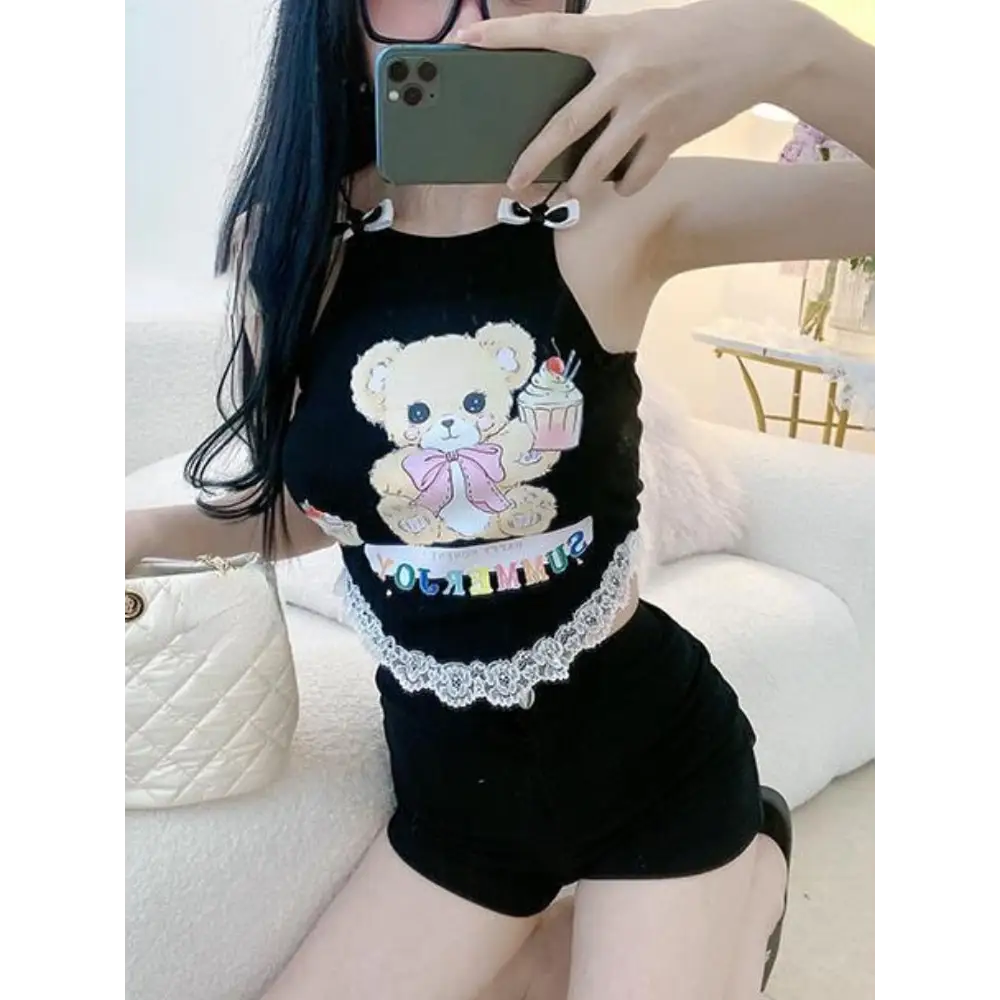 Cupcake Teddy Bear Crop Top with Lace Trim and Ribbons - Shirts & Tops