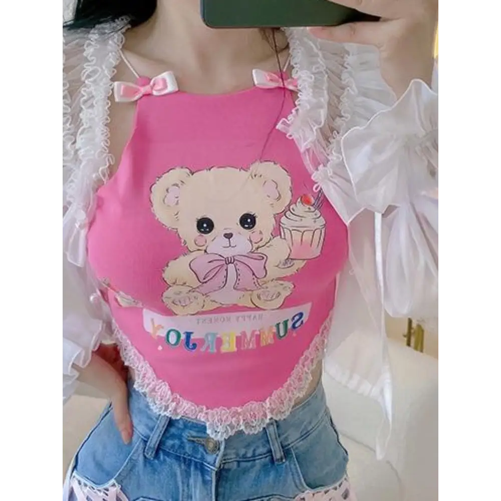 Cupcake Teddy Bear Crop Top with Lace Trim and Ribbons - Shirts & Tops