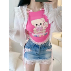 Cupcake Teddy Bear Crop Top with Lace Trim and Ribbons - Shirts & Tops