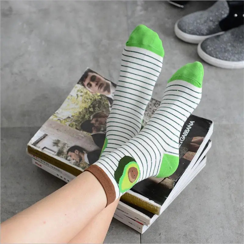 Cute Avocado Socks with Kawaii Face and Striped Design - Socks