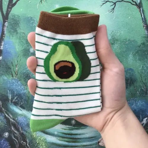 Cute Avocado Socks with Kawaii Face and Striped Design - Cosparty