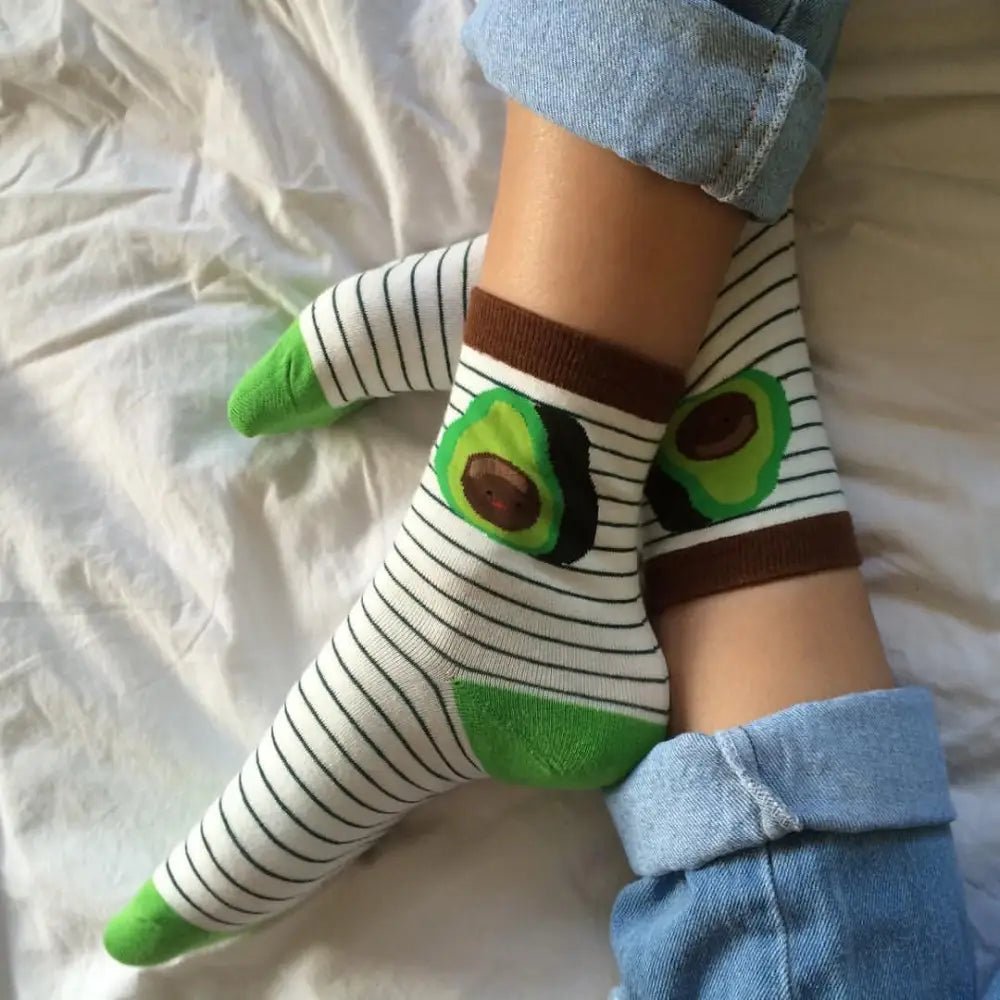 Cute Avocado Socks with Kawaii Face and Striped Design - Cosparty