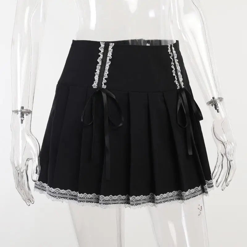 Cute Black Corset Skirt with Lace - Up Sides and Ruffled Hem - Cosparty