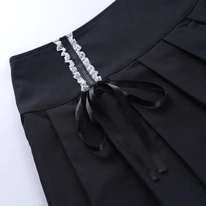 Cute Black Corset Skirt with Lace - Up Sides and Ruffled Hem - Cosparty