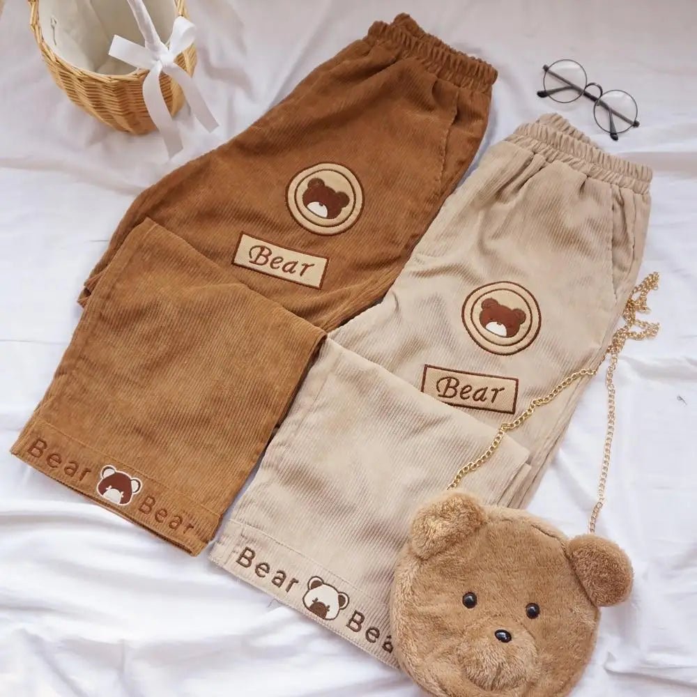 Cute Brown Baby Bear Corduroy Pants for Cottagecore Aesthetic - Cosparty