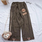 Cute Brown Baby Bear Corduroy Pants for Cottagecore Aesthetic - Olive - pants