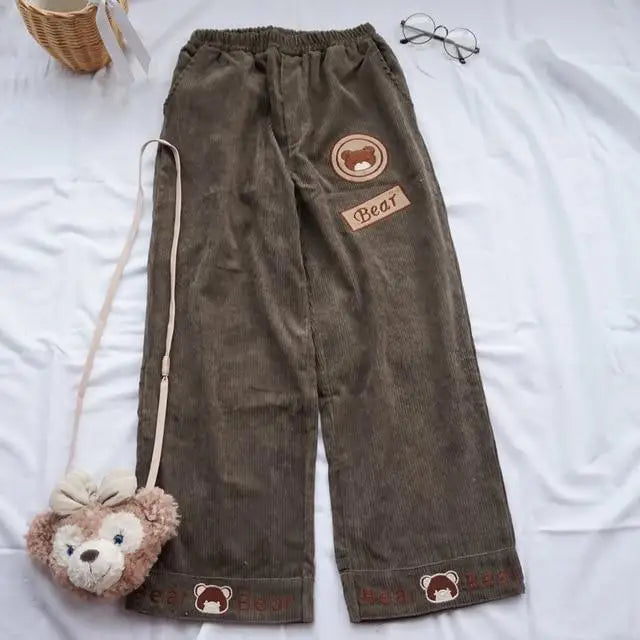 Cute Brown Baby Bear Corduroy Pants for Cottagecore Aesthetic - Olive - pants