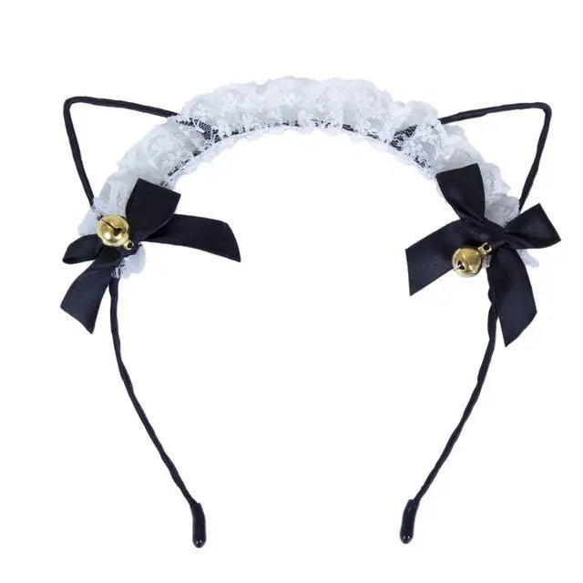 Cute Cat Ear Headband with Gold Bells and Lace Embellishments - Cosparty