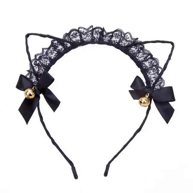 Cute Cat Ear Headband with Gold Bells and Lace Embellishments - Cosparty