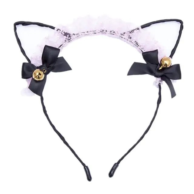 Cute Cat Ear Headband with Gold Bells and Lace Embellishments - Cosparty