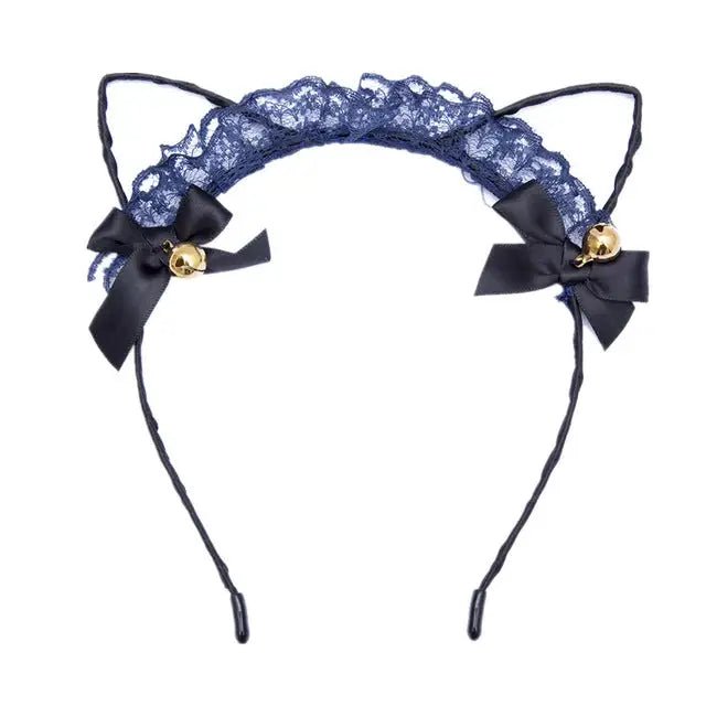 Cute Cat Ear Headband with Gold Bells and Lace Embellishments - Cosparty