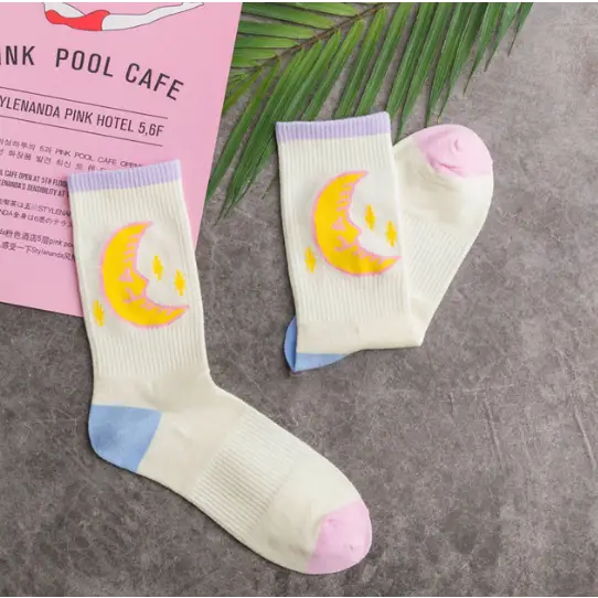 Cute Fairy Kei Moon Socks for Magical Girl Anime Aesthetic - Yellow Moon - Socks