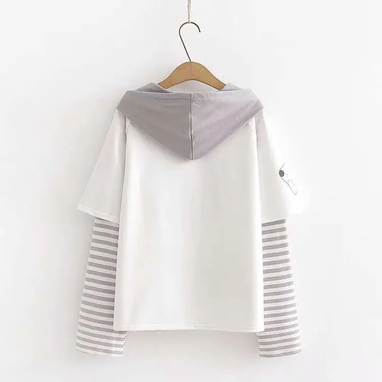 Cute Grey Baby Hoodie with Striped Layered Sleeves - sweater