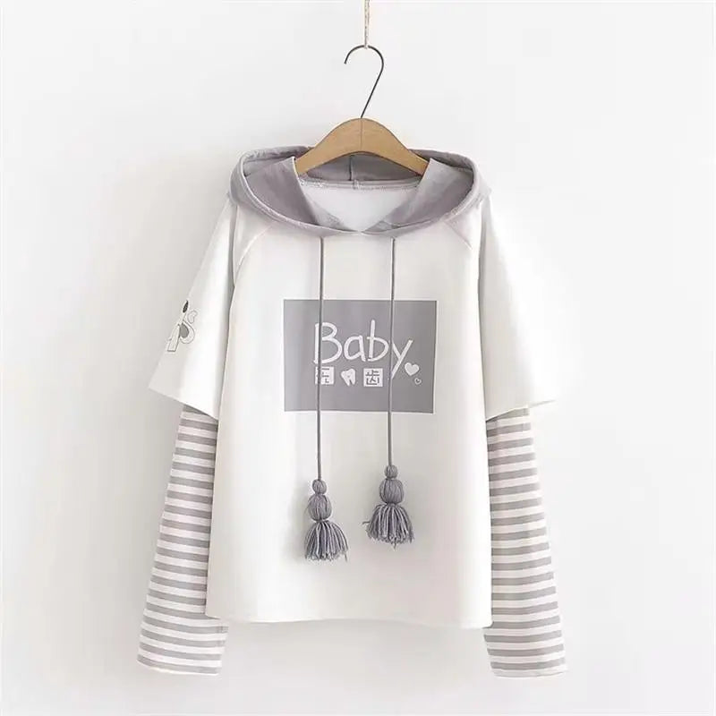 Cute Grey Baby Hoodie with Striped Layered Sleeves - sweater