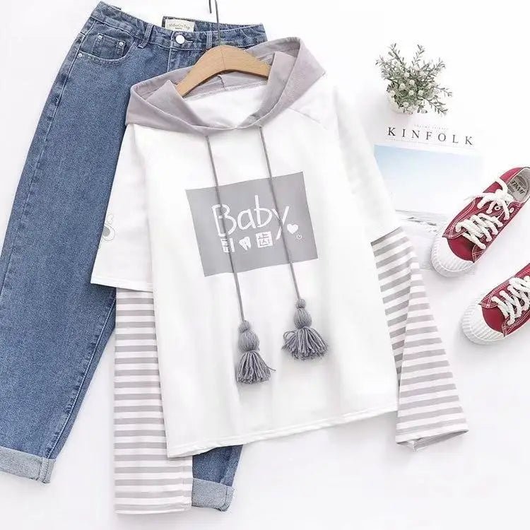 Cute Grey Baby Hoodie with Striped Layered Sleeves - Cosparty