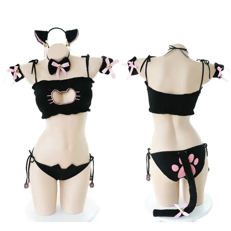 Cute Neko Cat Inspired Lingerie Set with Bikini Bottoms and Accessories - underwear