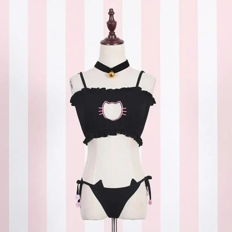 Cute Neko Cat Inspired Lingerie Set with Bikini Bottoms and Accessories - underwear