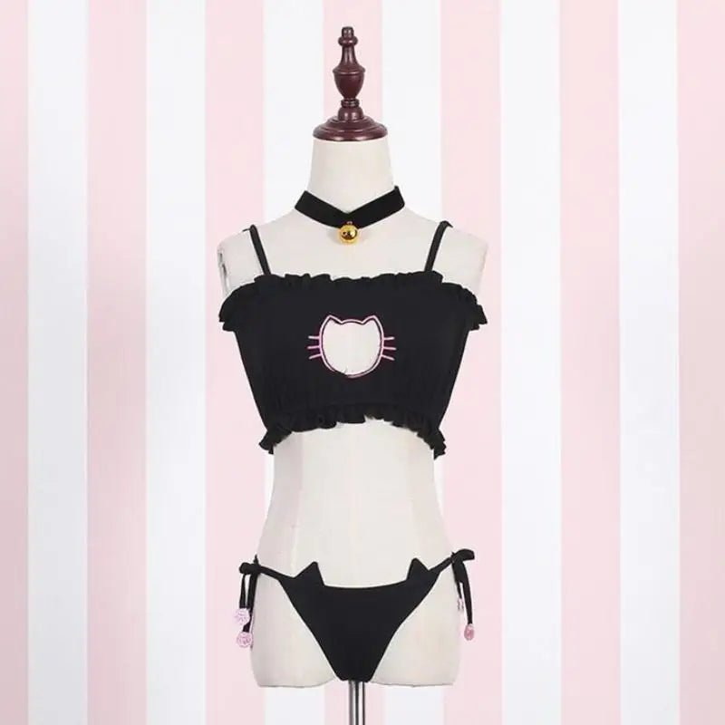 Cute Neko Cat Inspired Lingerie Set with Bikini Bottoms and Accessories - Cosparty