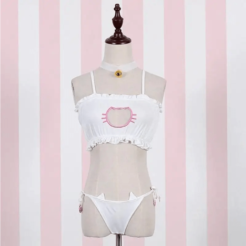 Cute Neko Cat Inspired Lingerie Set with Bikini Bottoms and Accessories - Cosparty