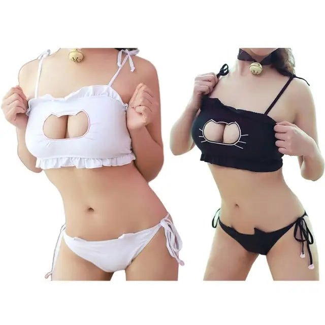Cute Neko Cat Inspired Lingerie Set with Bikini Bottoms and Accessories - Cosparty