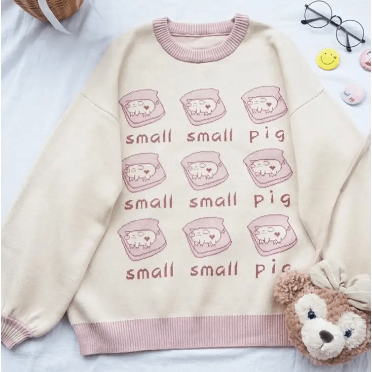 Cute Pig Crewneck Sweater with Hand Embroidery - Cosparty