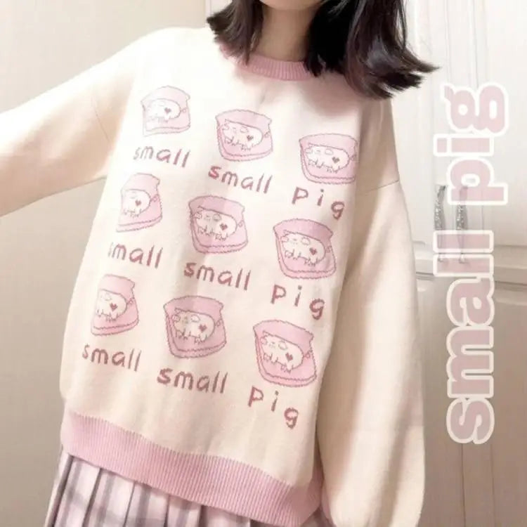 Cute Pig Crewneck Sweater with Hand Embroidery - sweater