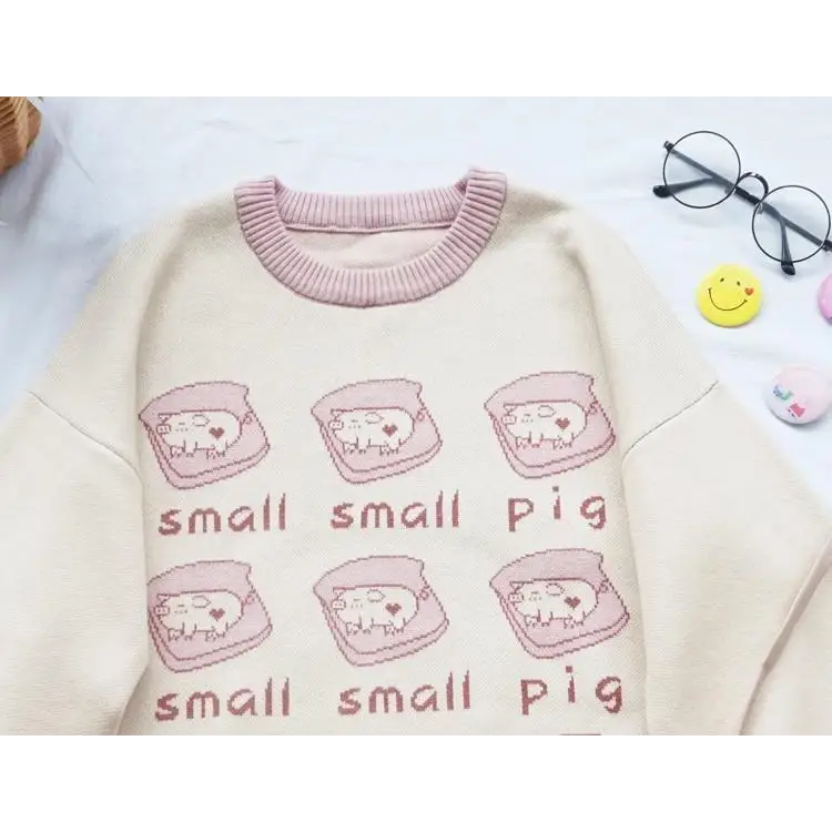 Cute Pig Crewneck Sweater with Hand Embroidery - sweater