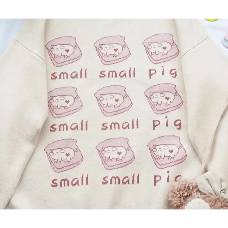 Cute Pig Crewneck Sweater with Hand Embroidery - sweater