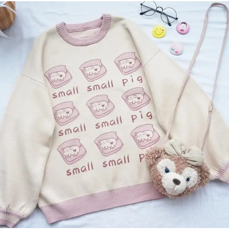 Cute Pig Crewneck Sweater with Hand Embroidery - sweater