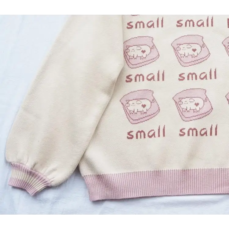 Cute Pig Crewneck Sweater with Hand Embroidery - sweater