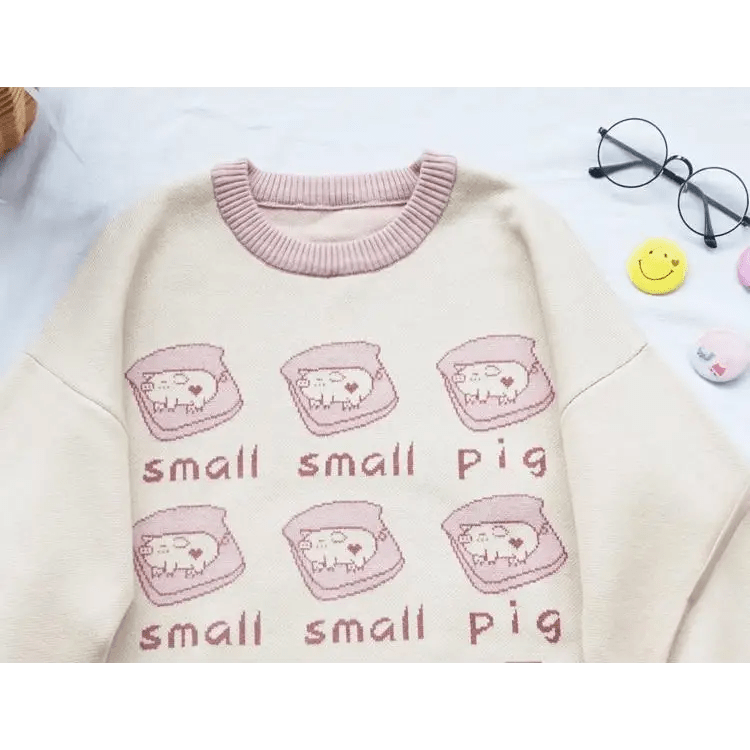 Cute Pig Crewneck Sweater with Hand Embroidery - Cosparty