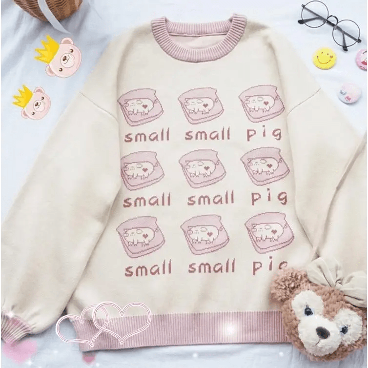Cute Pig Crewneck Sweater with Hand Embroidery - Cosparty