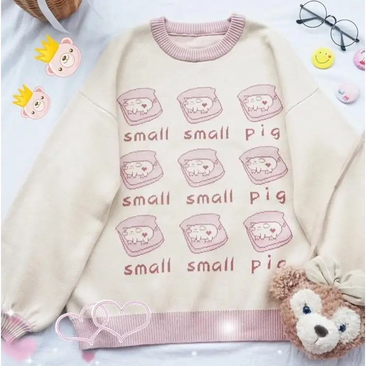 Cute Pig Crewneck Sweater with Hand Embroidery - sweater