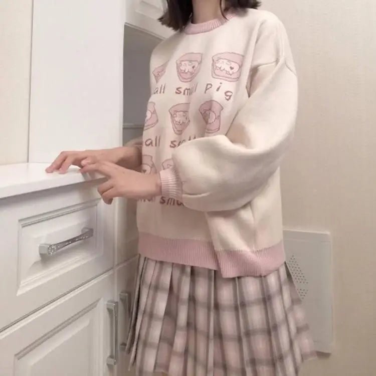 Cute Pig Crewneck Sweater with Hand Embroidery - Cosparty