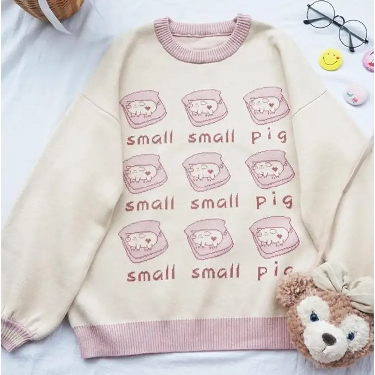 Cute Pig Crewneck Sweater with Hand Embroidery - sweater