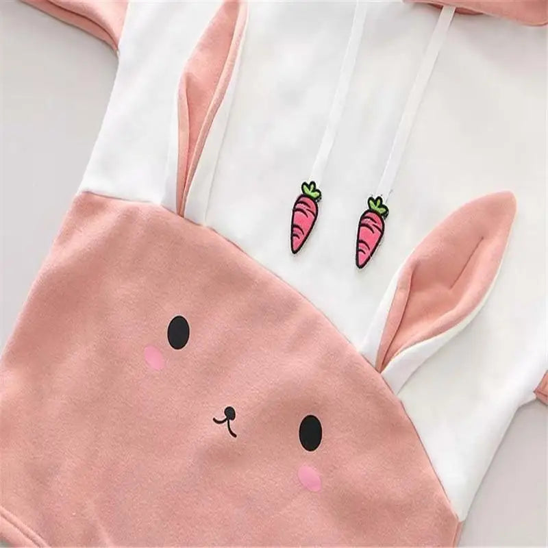 Cute Pink and White Baby Bun Hoodie with Bunny Ears - sweater