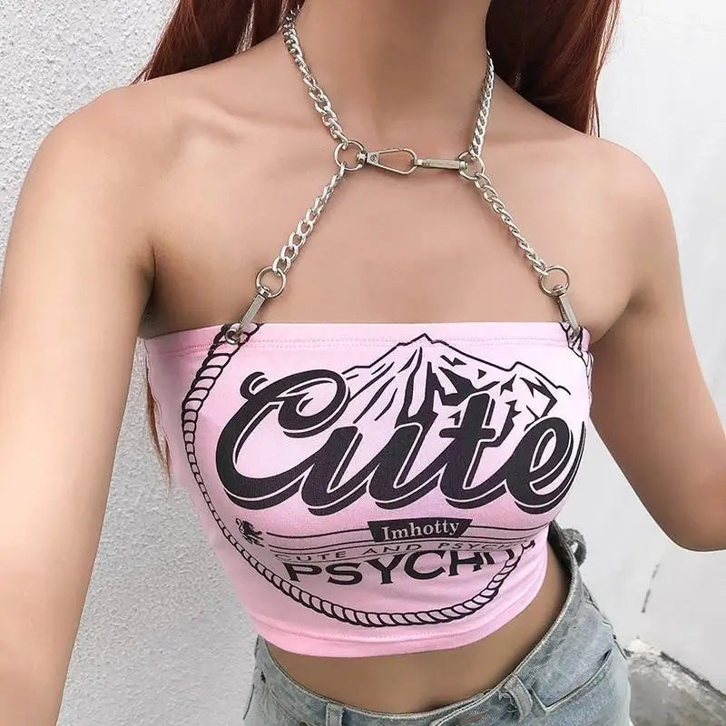 Cute & Psycho Chain Link Cropped Belly Shirt in Pink - shirt