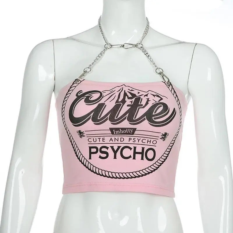 Cute & Psycho Chain Link Cropped Belly Shirt in Pink - shirt