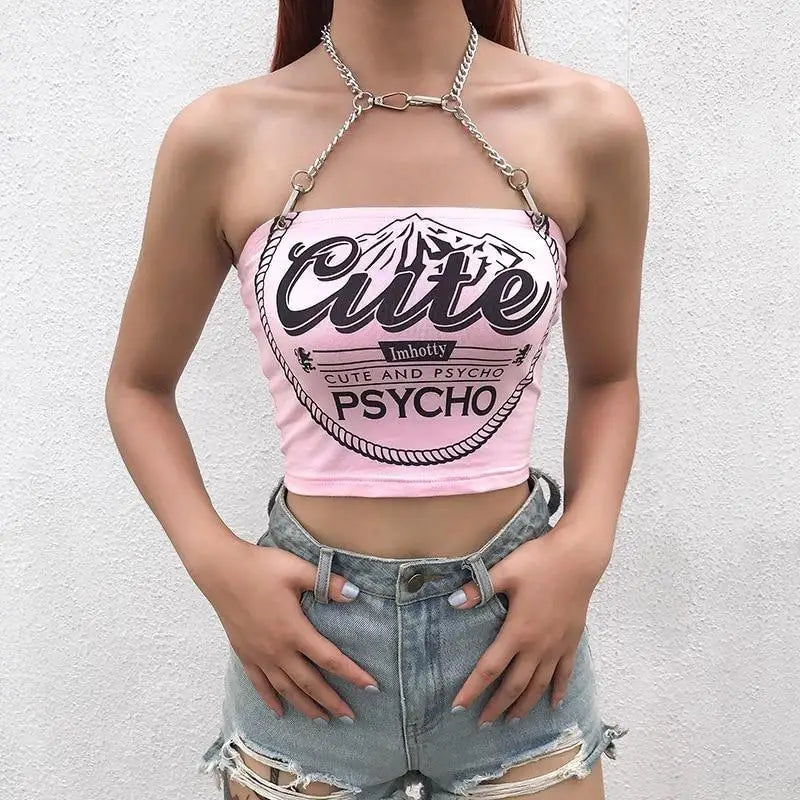 Cute & Psycho Chain Link Cropped Belly Shirt in Pink - shirt