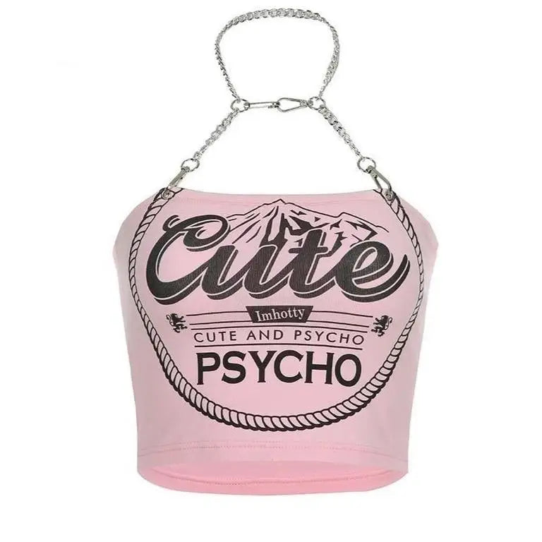 Cute & Psycho Chain Link Cropped Belly Shirt in Pink - shirt