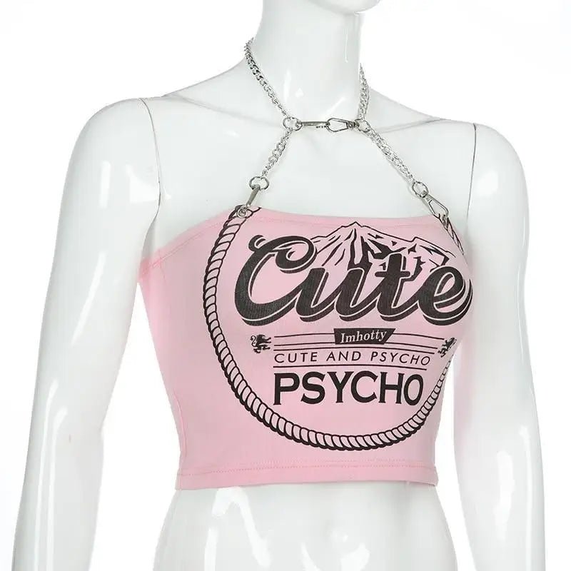 Cute & Psycho Chain Link Cropped Belly Shirt in Pink - Cosparty