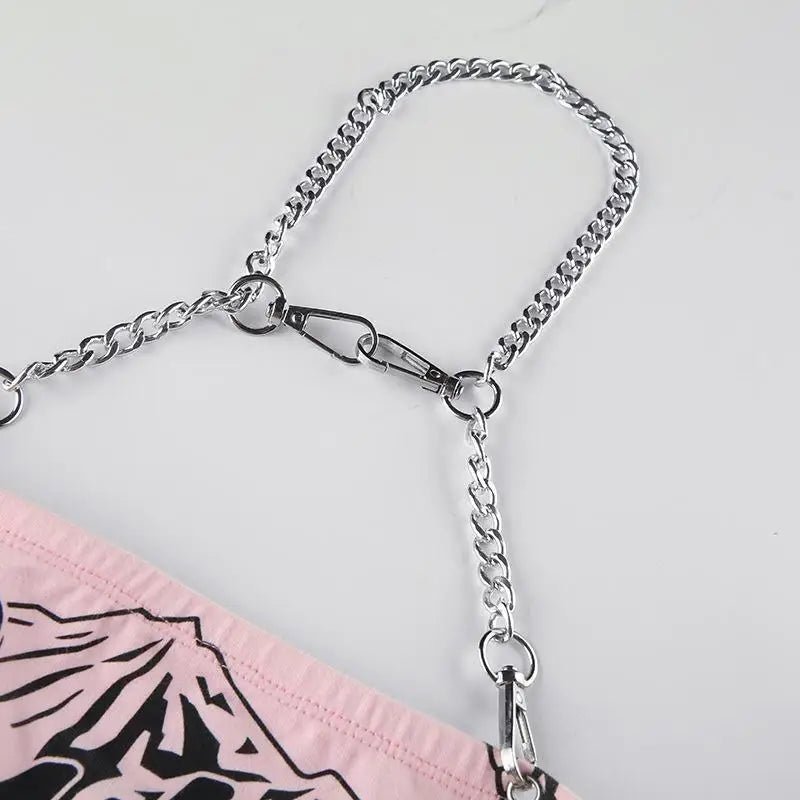 Cute & Psycho Chain Link Cropped Belly Shirt in Pink - Cosparty
