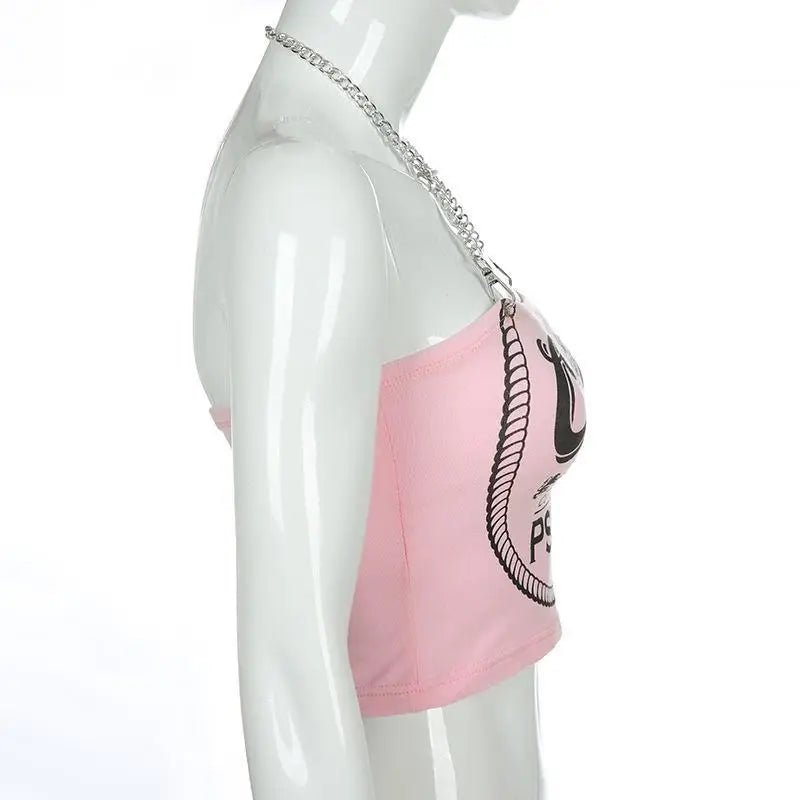 Cute & Psycho Chain Link Cropped Belly Shirt in Pink - Cosparty