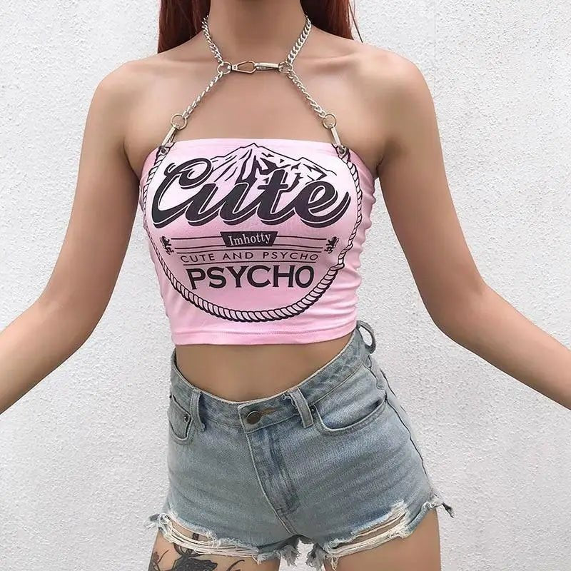Cute & Psycho Chain Link Cropped Belly Shirt in Pink - Cosparty