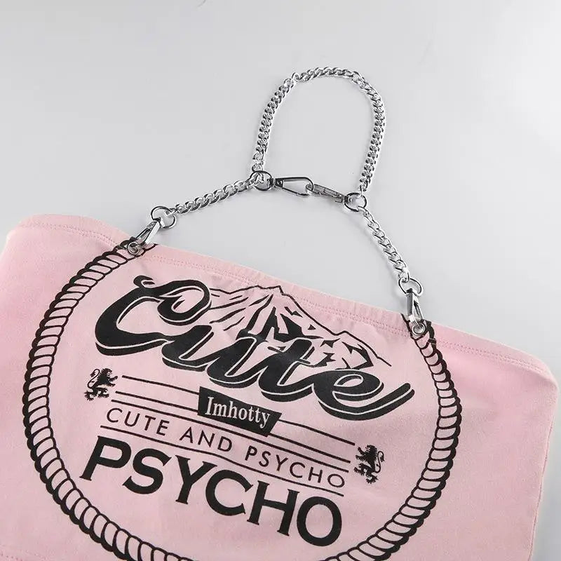 Cute & Psycho Chain Link Cropped Belly Shirt in Pink - shirt