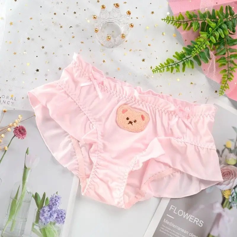 Cute Teddy Bear Panties in Silky Satin with Embroidered Details - Cosparty
