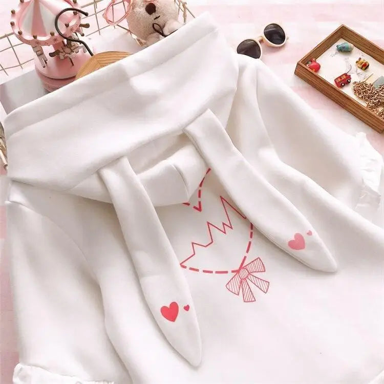 Cute White Baby Kisses Hoodie with Bunny Ears for Kawaii Fashion - sweater