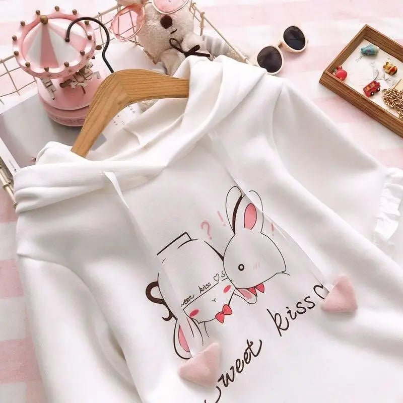 Cute White Baby Kisses Hoodie with Bunny Ears for Kawaii Fashion - Cosparty