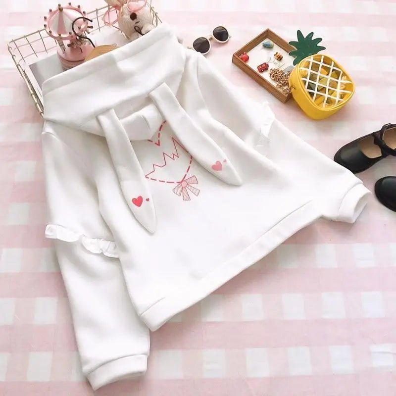 Cute White Baby Kisses Hoodie with Bunny Ears for Kawaii Fashion - Cosparty