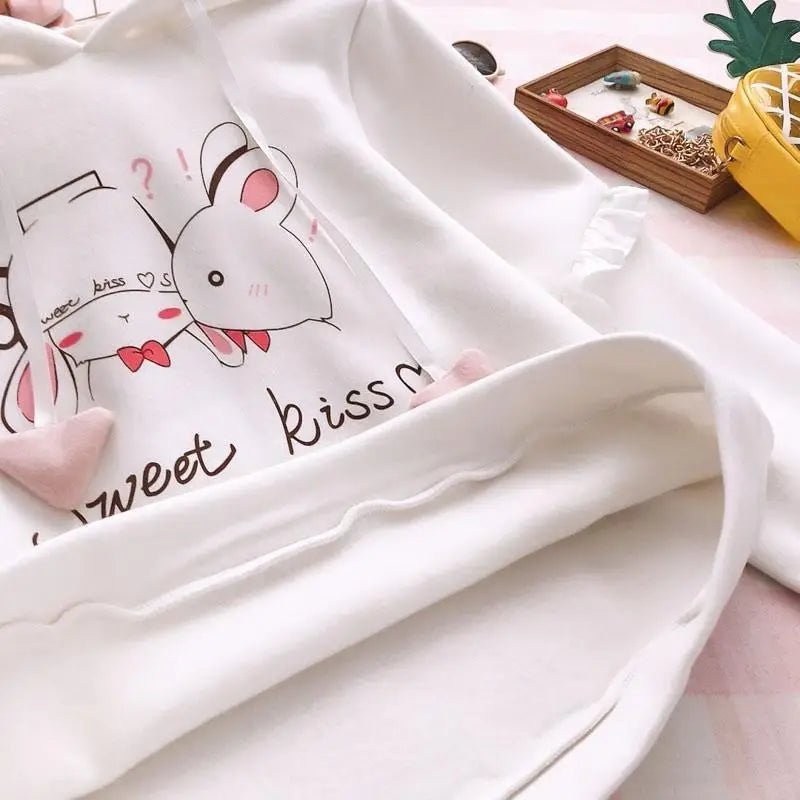 Cute White Baby Kisses Hoodie with Bunny Ears for Kawaii Fashion - Cosparty